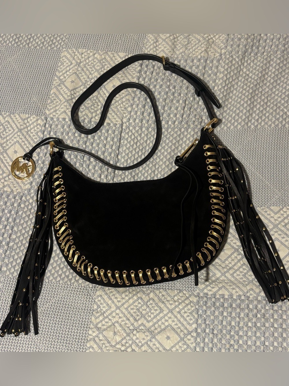 Michael Kors Riley Black Suede Fringe Whipstitch Hobo Crossbody Bag 30H4GRGL5S - Picture 1 of 8